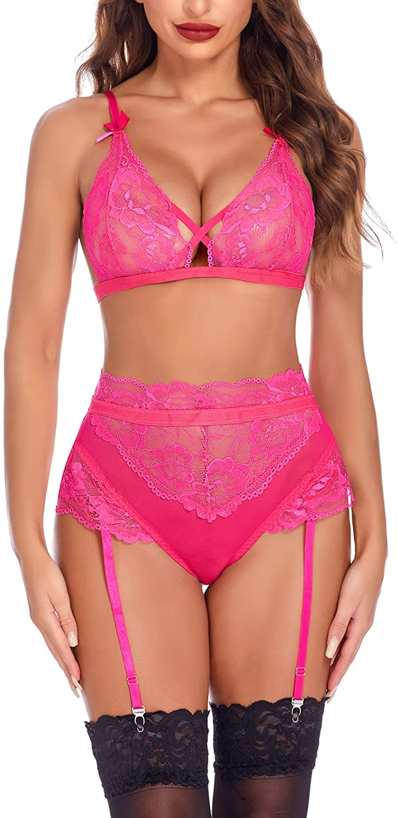 Avidlove Women Lingerie Set with Garter Belts Lace Lingerie High Waist Lingerie Sexy Bra and Panty Set Apparel & Accessories > Clothing > Underwear & Socks > Lingerie Avidlove Pink Medium 