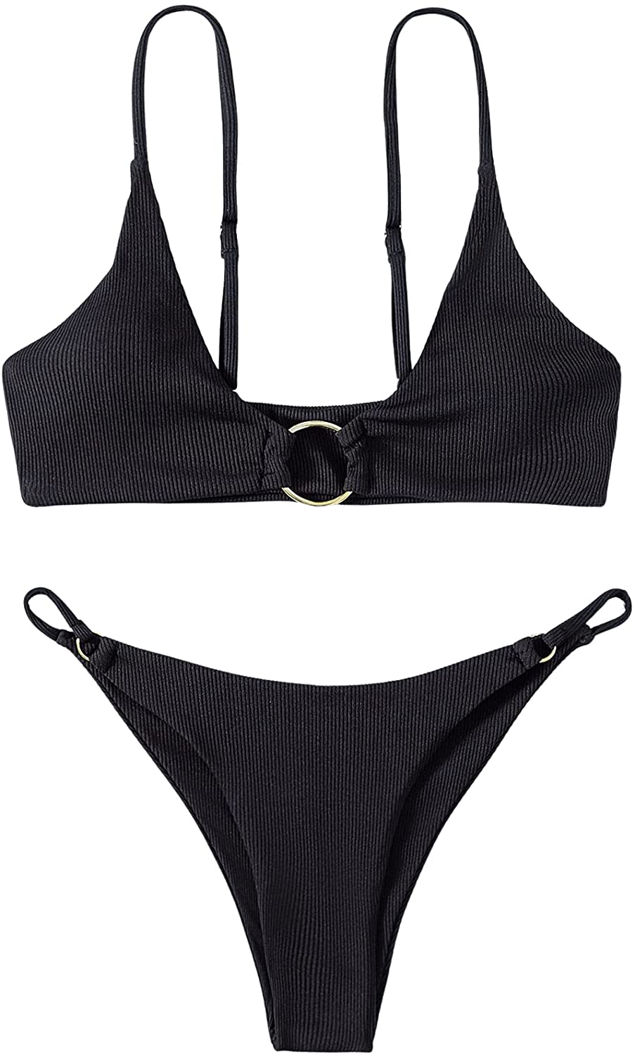 SOLY HUX Women's Print Tie Back Triangle Bikini Bathing Suits 2 Piece Swimsuits Apparel & Accessories > Clothing > Swimwear KYLIE MAX Pure Black O-ring Large 
