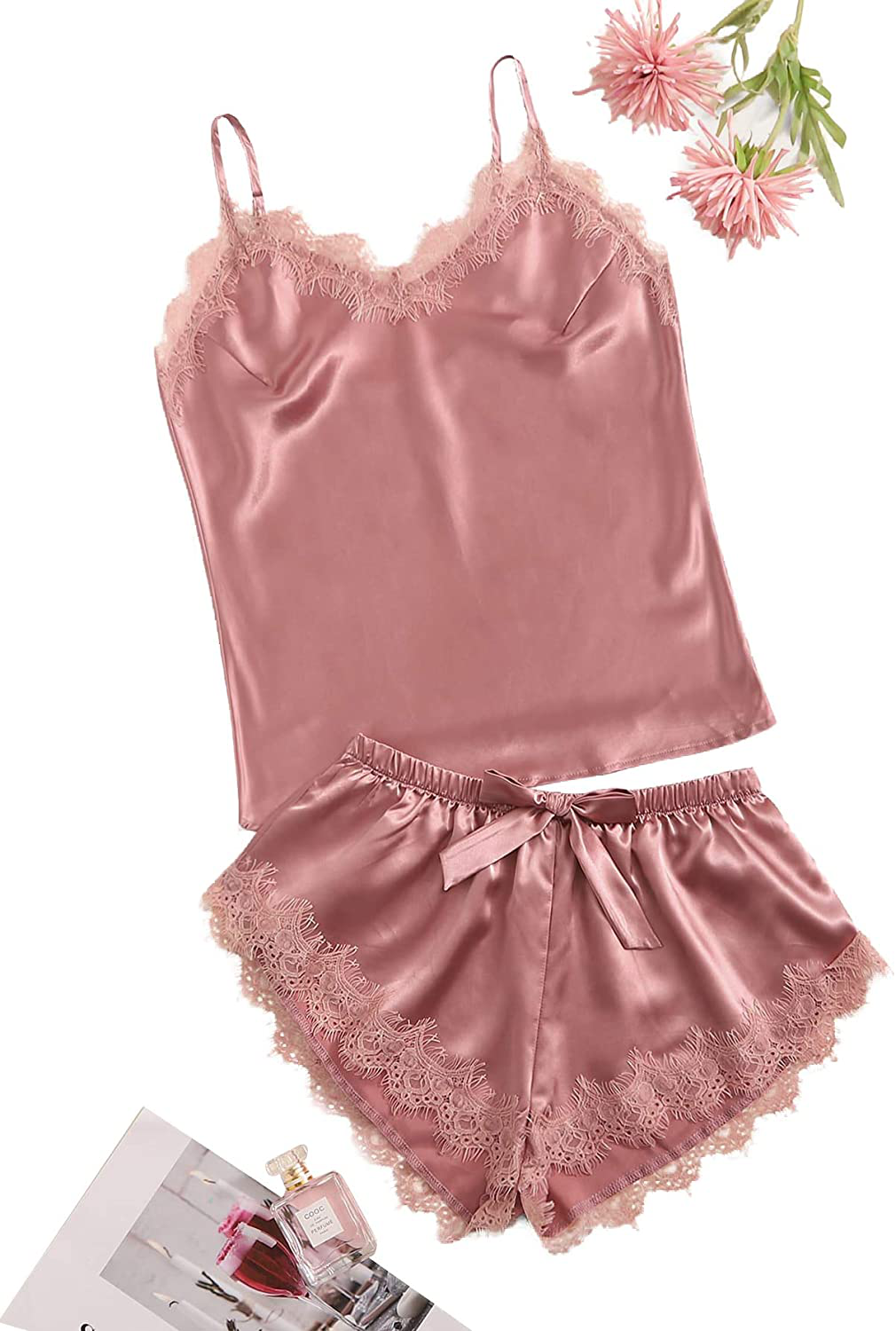 Floerns Women'S Satin Lace Cami Top and Shorts Pajama Set Apparel & Accessories > Clothing > Sleepwear & Loungewear Kylie Max   