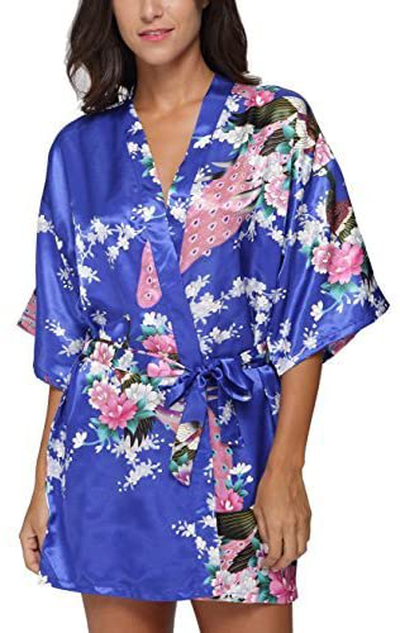Original Kimono Women'S Short Satin Kimono Robe Floral Peacock Patterned Bathrobe Silky Bridal Nightwear Apparel & Accessories > Clothing > Sleepwear & Loungewear > Robes Original Kimono Royal Blue X-Large 