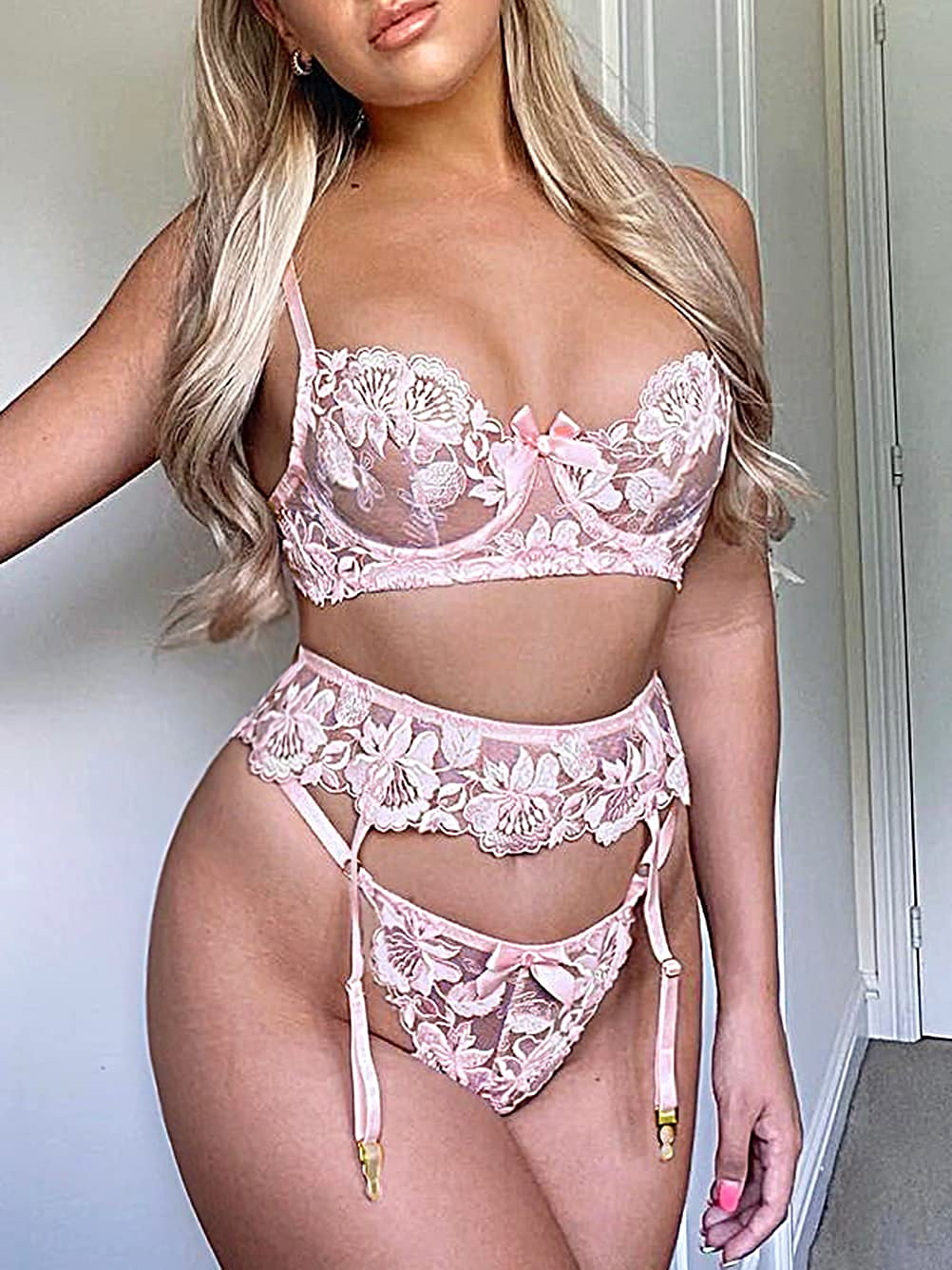Kaei&Shi Floral Embroidered Mesh Sheer,Underwire,G-String,Garter Lingerie Set Apparel & Accessories > Clothing > Underwear & Socks > Lingerie Kaei&Shi   