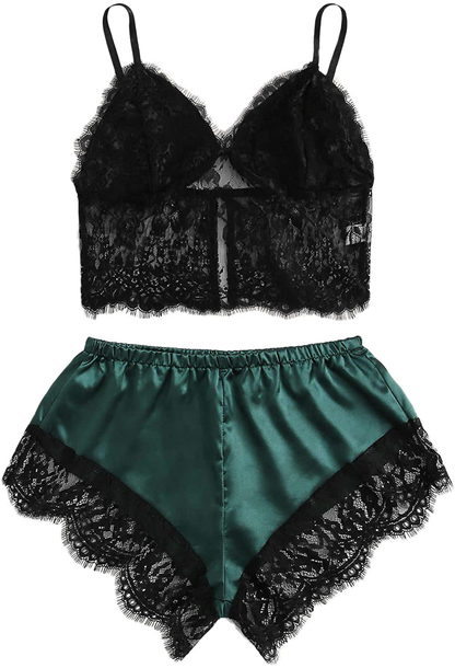Verdusa Women'S Sleepwear V Neck Lace Wireless Cami Top & Satin Shorts Lingerie Chemise Pajama Set Apparel & Accessories > Clothing > Sleepwear & Loungewear Kylie Max   