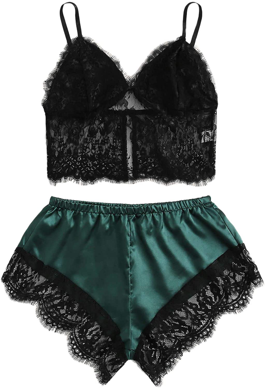 Verdusa Women'S Sleepwear V Neck Lace Wireless Cami Top & Satin Shorts Lingerie Chemise Pajama Set Apparel & Accessories > Clothing > Sleepwear & Loungewear Kylie Max   