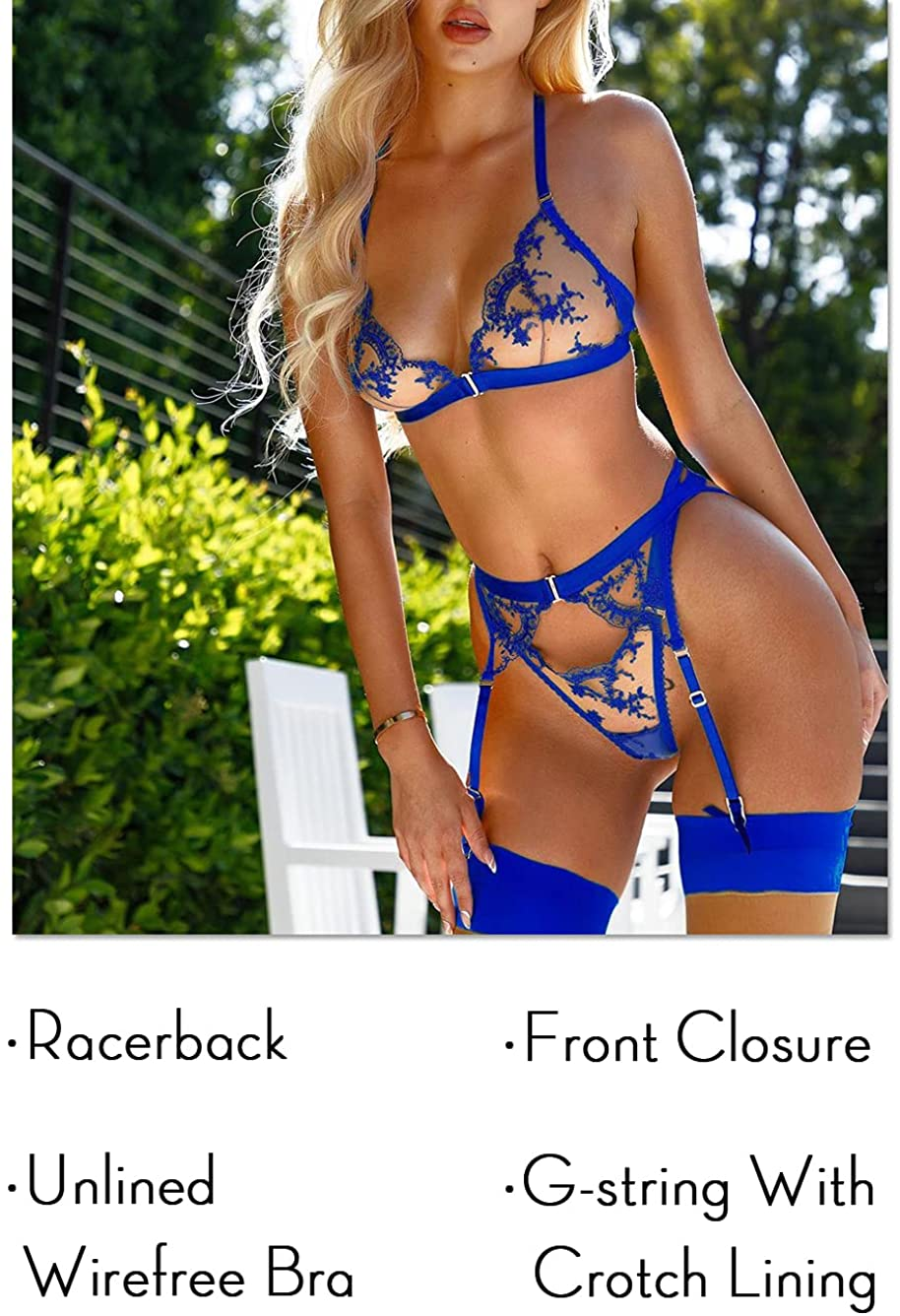 Kaei&Shi Embroidered Sheer,Racerback Front Closure Bralette,G-String,Thigh Bands,4 Piece Lingerie Apparel & Accessories > Clothing > Underwear & Socks > Lingerie Kaei&Shi   