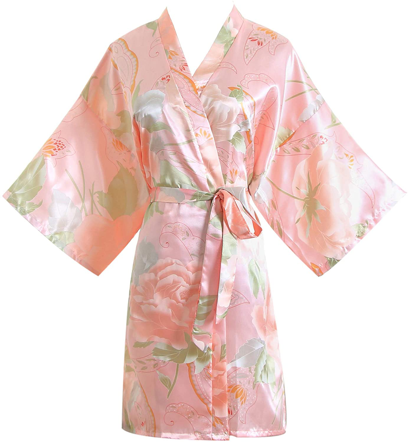 QXQTER Floral Satin Bridal Robe Silk Bridesmaid Robes Bridal Party Robe Dressing Gown Wedding Gifts Apparel & Accessories > Clothing > Sleepwear & Loungewear > Robes QXQTER Pink  