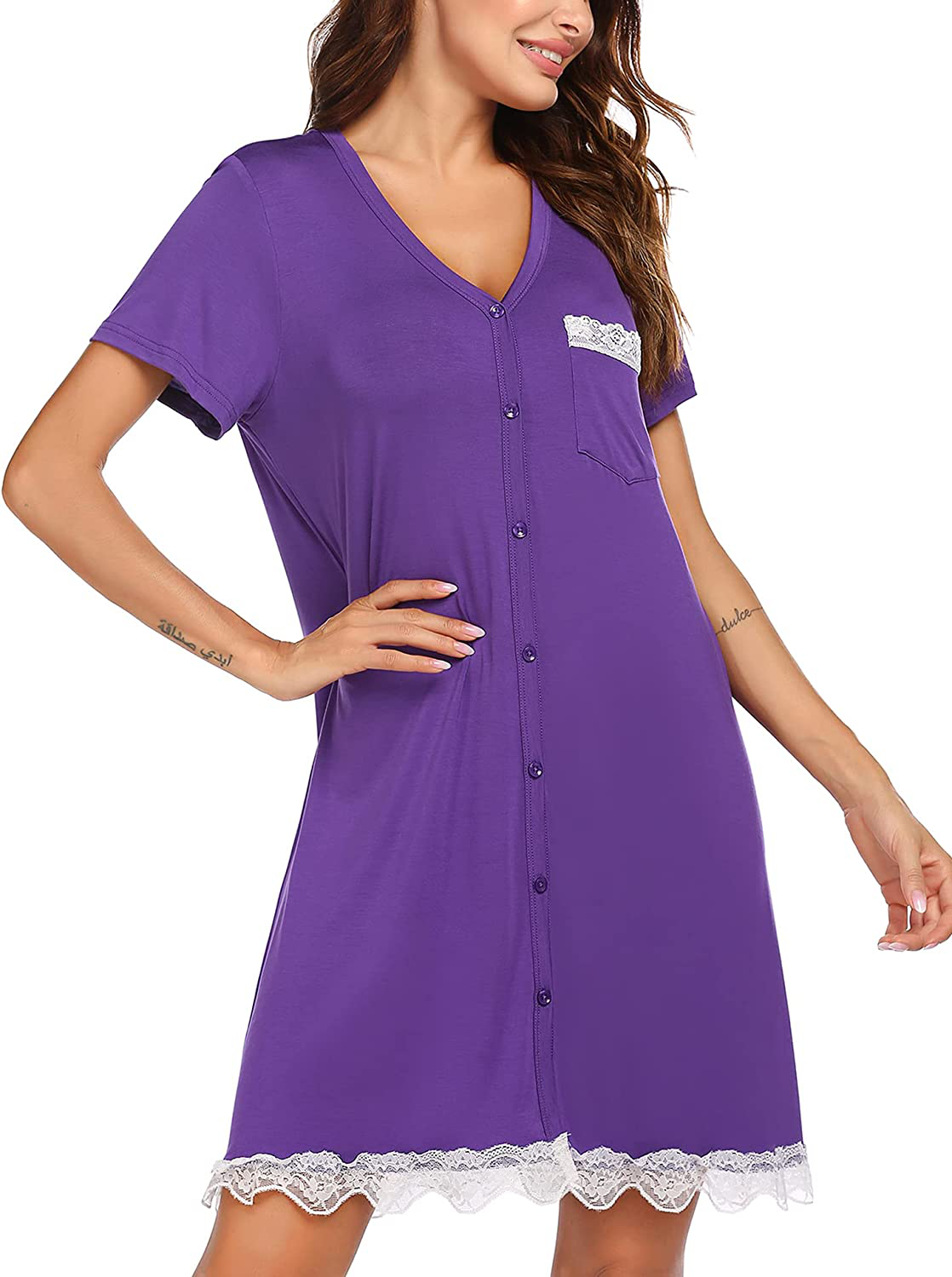 Ekouaer Women'S Nightgown Striped Tee Short Sleeve Cotton Sleep Nightshirt Button down Pajama Dress S-XXXL Apparel & Accessories > Clothing > Sleepwear & Loungewear > Nightgowns Kylie Max   
