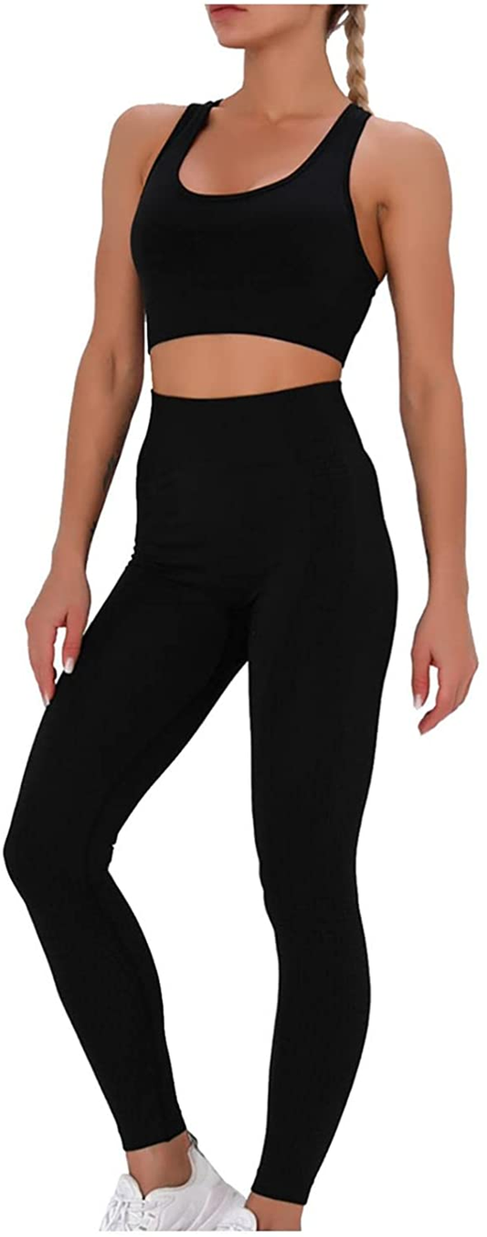 Burband Womens Ribbed Seamless Yoga Outfits 2 Piece Tracksuits Sports Bra Seamless Leggings Yoga Gym Workout Set Activewear Apparel & Accessories > Clothing > Underwear & Socks > Shapewear Burband Black Medium 