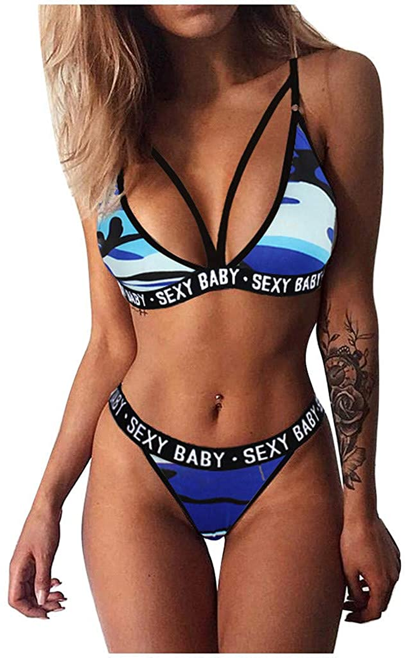 Women Sexy Lingerie Sleepwear Fashion Camo Print V-Collar Strappy Bra and Panty 2Pcs Sets Bodysuit Underwear Pajamas Apparel & Accessories > Clothing > Underwear & Socks > Lingerie Taswuw Blue Medium 