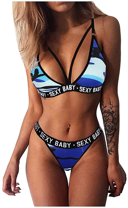Women Sexy Lingerie Sleepwear Fashion Camo Print V-Collar Strappy Bra and Panty 2Pcs Sets Bodysuit Underwear Pajamas Apparel & Accessories > Clothing > Underwear & Socks > Lingerie Taswuw Blue Medium 