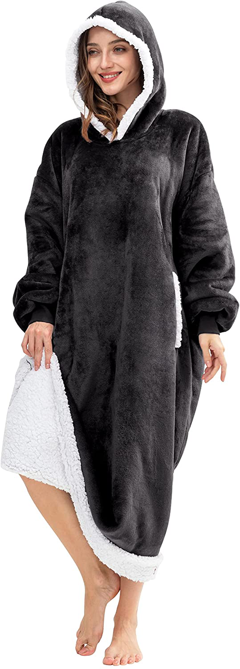 HBlife Oversized Long Wearable Blanket Hoodie for Adult, Thick Sherpa Sweatshirt with Elastic Sleeves and Giant Pockets Super Warm and Cozy Fuzzy Plush Fleece Blanket Jacket, Blue Arts & Entertainment > Party & Celebration > Gift Giving HBlife Dark Grey Adult-Long 