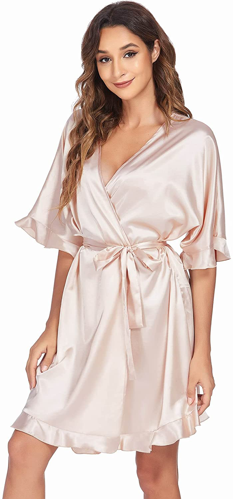 Ekouaer Women Satin Robe Ruffle Hem Kimono Short Robe V-Neck Pure Color Bridesmaid Wedding Party Dressing Gown Sleepwear Apparel & Accessories > Clothing > Sleepwear & Loungewear > Robes Ekouaer   
