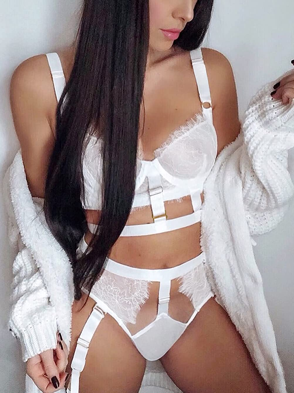 Kaei&Shi Floral Lace Sheer,Unlined Underwire Bra,Cheeky Panty,Garter Lingerie Set Apparel & Accessories > Clothing > Underwear & Socks > Lingerie Kaei&Shi   