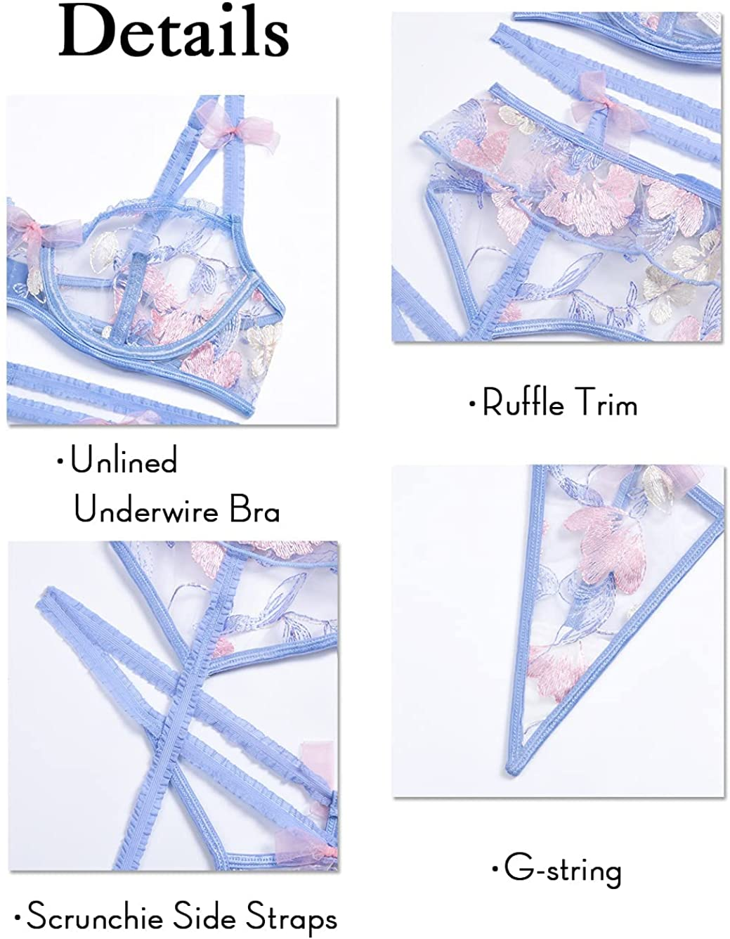Kaei&Shi Floral Embroidered Sheer,Underwire Scrunchie Strap,G-String,3 Piece Lingerie Apparel & Accessories > Clothing > Underwear & Socks > Lingerie Kaei&Shi   