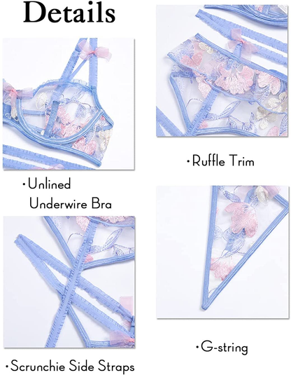 Kaei&Shi Floral Embroidered Sheer,Underwire Scrunchie Strap,G-String,3 Piece Lingerie Apparel & Accessories > Clothing > Underwear & Socks > Lingerie Kaei&Shi   