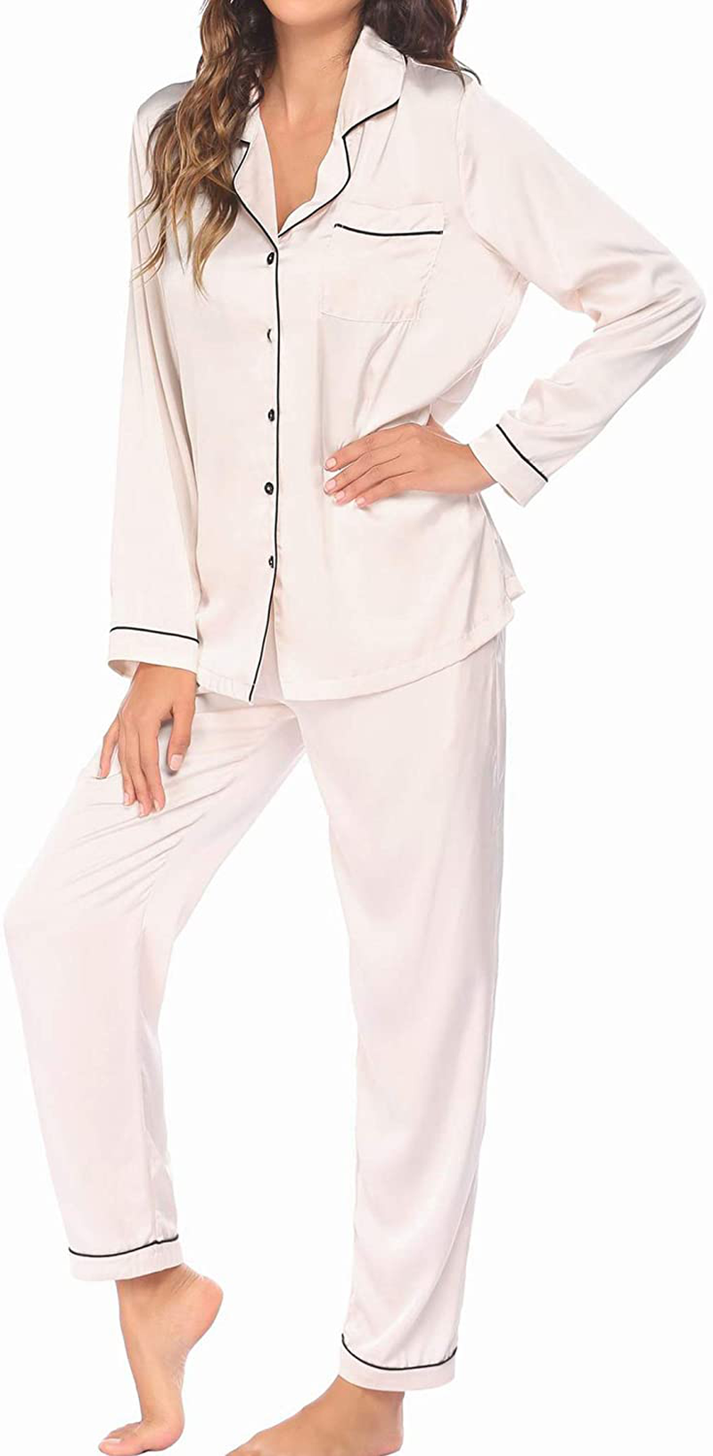 Ekouaer Satin Pajamas Women’S Long Sleeve Sleepwear Silk Soft Button down Loungewear Pjs Set S-XXL Apparel & Accessories > Clothing > Sleepwear & Loungewear > Pajamas Kylie Max   