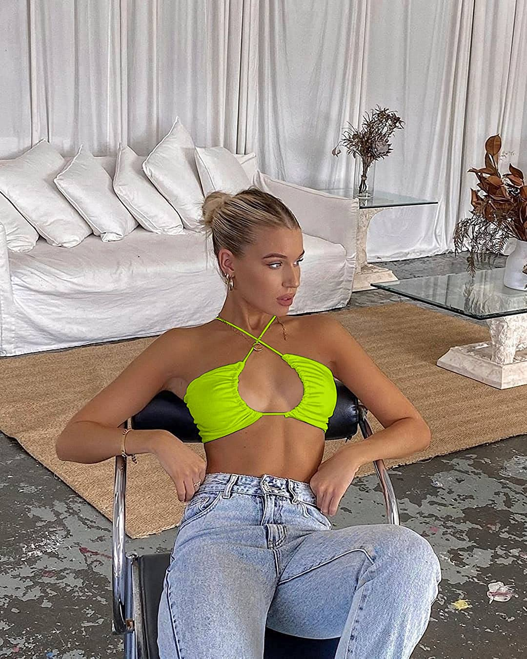 TOB Women'S Sexy Criss Cross Lace up Sling Basic Bow Tie Crop Top Apparel & Accessories > Clothing > Underwear & Socks > Lingerie TOB   
