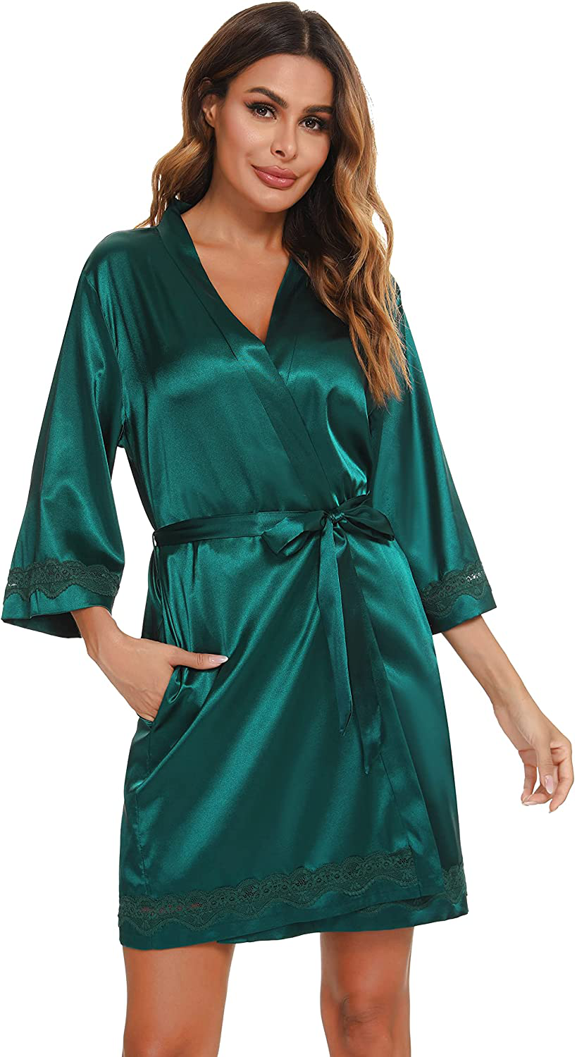 Vlazom Women'S Kimono Robes Short Satin Pure Color Bridal Party Robe with Oblique V-Neck Apparel & Accessories > Clothing > Sleepwear & Loungewear > Robes KYLIE MAX Z-dark Green Large 