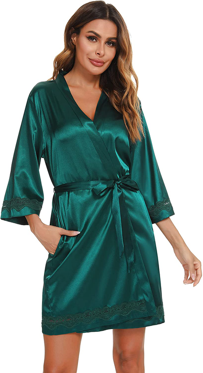 Vlazom Women'S Kimono Robes Short Satin Pure Color Bridal Party Robe with Oblique V-Neck Apparel & Accessories > Clothing > Sleepwear & Loungewear > Robes KYLIE MAX Z-dark Green Large 