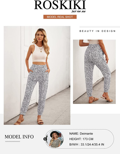 ROSKIKI Womens Leopard Drawstring Elastic Waist Sports Lounge Pants with Pockets Apparel & Accessories > Clothing > Activewear Kylie Max   