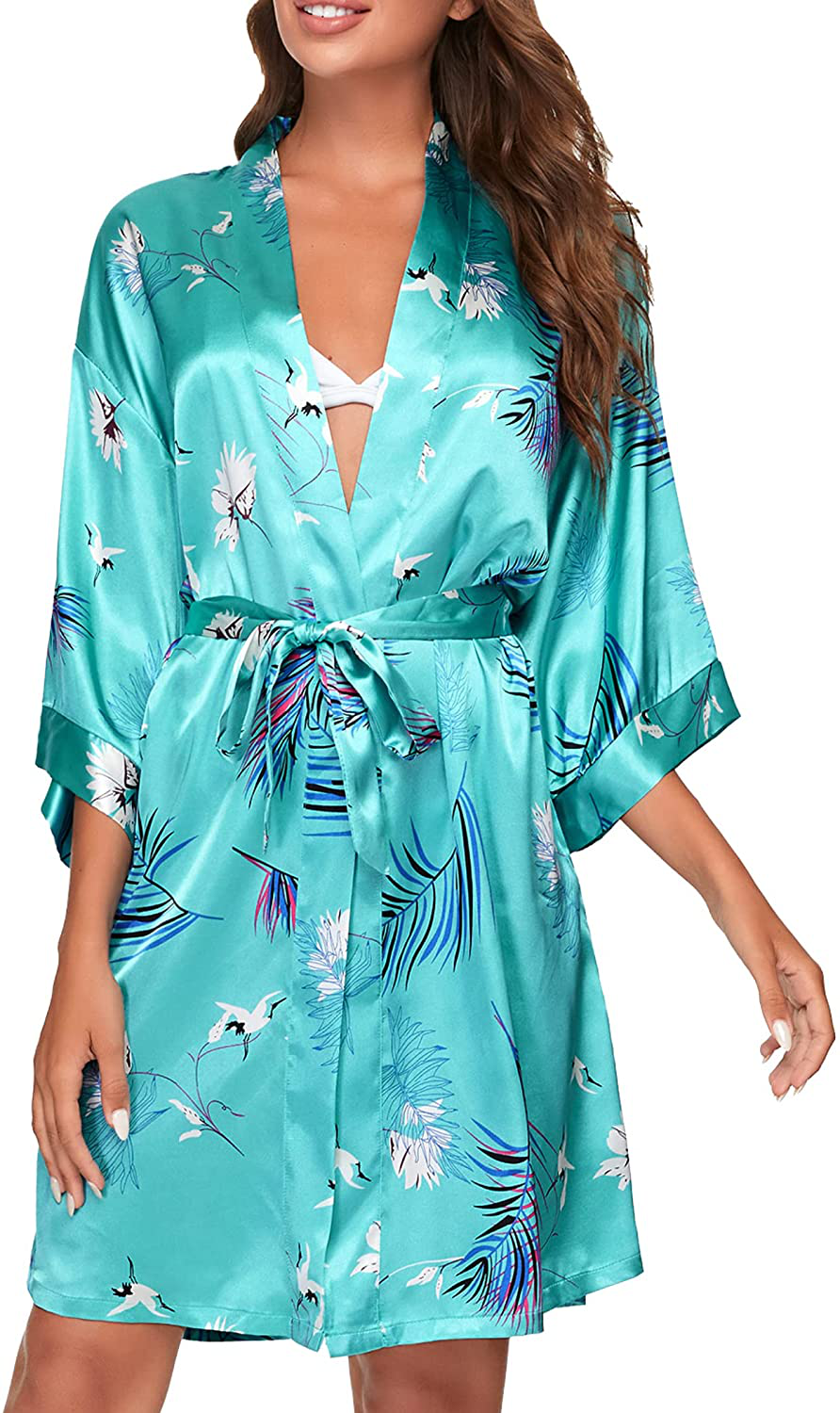 Floerns Women'S Bridesmaid Satin Kimono Oblique V Neck Bathrobe Robes Apparel & Accessories > Clothing > Sleepwear & Loungewear > Robes Floerns Mint Blue Medium 
