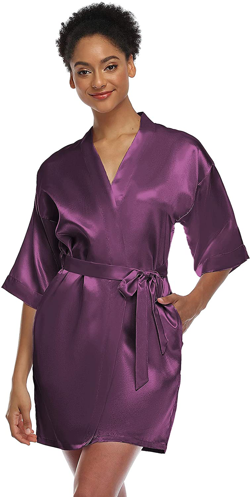 SUGAR JAN Women'S Short Satin Kimono Robes for Bride and Bridesmaids Silky Pure Color Bathrobe with Pockets Apparel & Accessories > Clothing > Sleepwear & Loungewear > Robes SUGAR JAN   