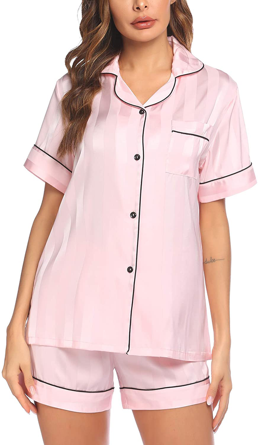 Ekouaer Satin Pajamas Women'S Short Sleeve Sleepwear Soft Silk Button down Loungewear Pjs Shorts Set S-XXL Apparel & Accessories > Clothing > Sleepwear & Loungewear Kylie Max   