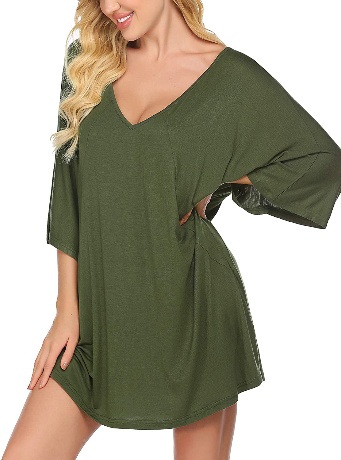Ekouaer Women'S Sleepshirt Deep V Neck Nightgown Batwing Nightshirt Oversized Sleepwear Loungewear plus Size Apparel & Accessories > Clothing > Sleepwear & Loungewear > Nightgowns Kylie Max   