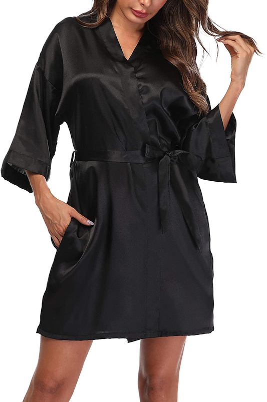 Sueshop Women'S Satin Kimono Robes Short Silky Bathrobe Pure Color Robe for Wedding Apparel & Accessories > Clothing > Sleepwear & Loungewear > Robes GoodmanShop Black Large 