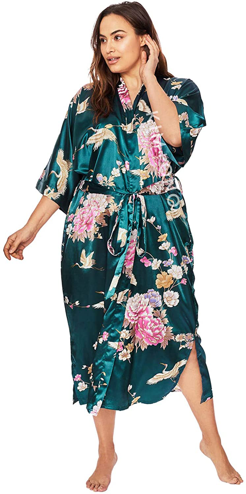 KIM+ONO plus Size Women'S Satin Kimono Robe Long - Floral Apparel & Accessories > Clothing > Sleepwear & Loungewear > Robes KIM+ONO Chrysanthemum & Crane - Peacock  