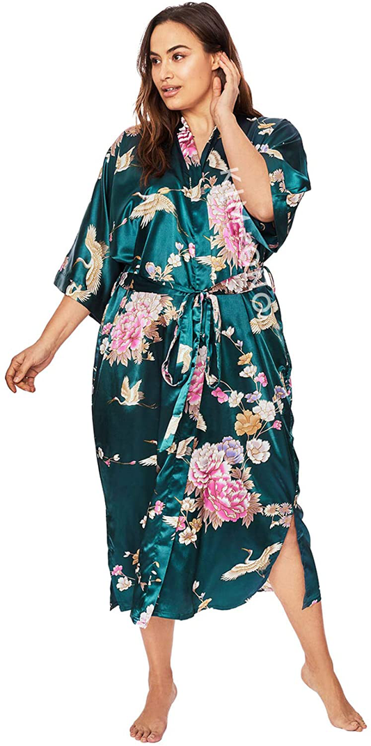 KIM+ONO plus Size Women'S Satin Kimono Robe Long - Floral Apparel & Accessories > Clothing > Sleepwear & Loungewear > Robes KIM+ONO Chrysanthemum & Crane - Peacock  