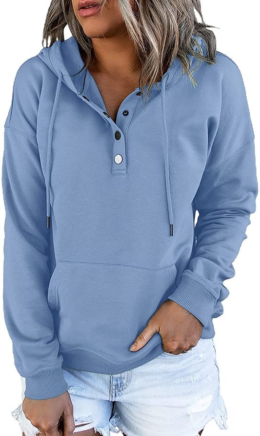 Dokotoo Womens Casual Button Collar Drawstring Long Sleeve Hoodies Pullover Sweatshirts Hooded Tops Apparel & Accessories > Clothing > Activewear Kylie Max   