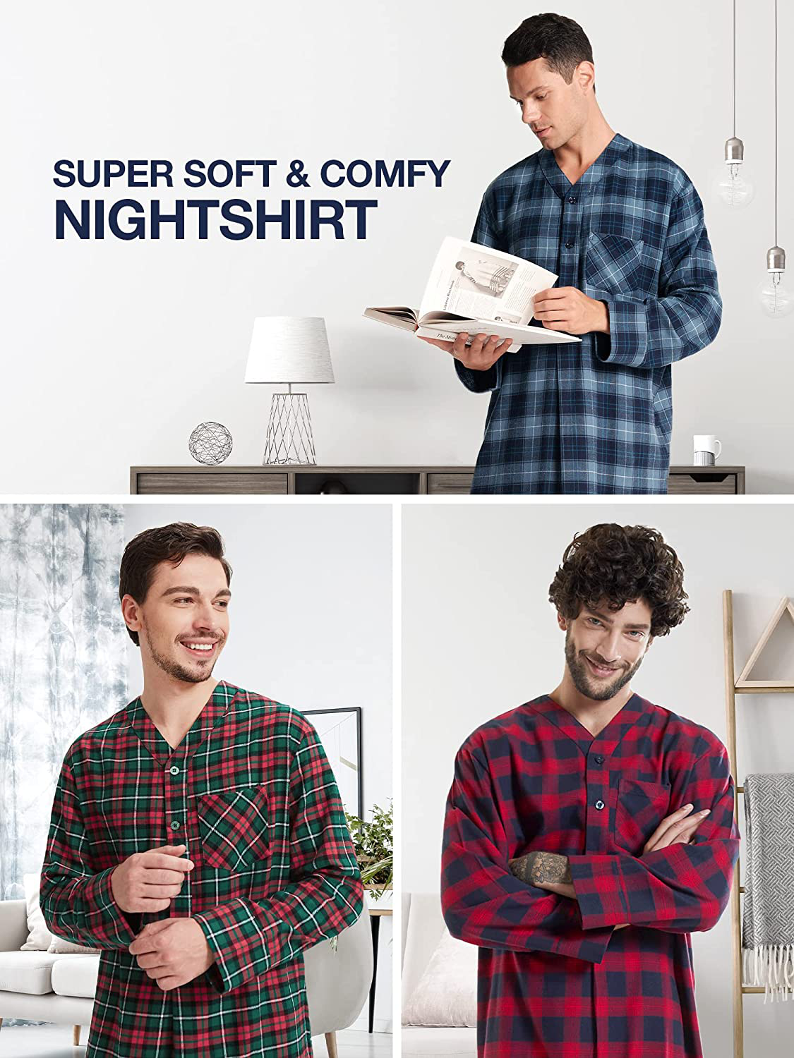 SIORO Men'S Flannel Nightshirt Plaid Cotton Nightwear Loose Pajama Sleep Shirt Apparel & Accessories > Clothing > Sleepwear & Loungewear > Nightgowns Kylie Max   