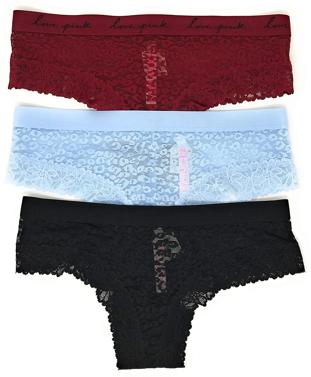Victoria'S Secret Pink Cheekster Panty Set of 3 Apparel & Accessories > Clothing > Underwear & Socks > Underwear Victoria's Secret Lace Cranberry / Sky / Black Medium 