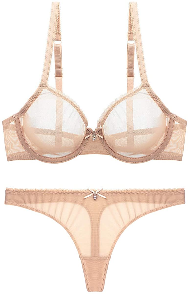 Varsbaby Women See-Through Lace Push up Transparent Everyday Bra Apparel & Accessories > Clothing > Underwear & Socks > Lingerie Varsbaby Beige With Thong 32C 