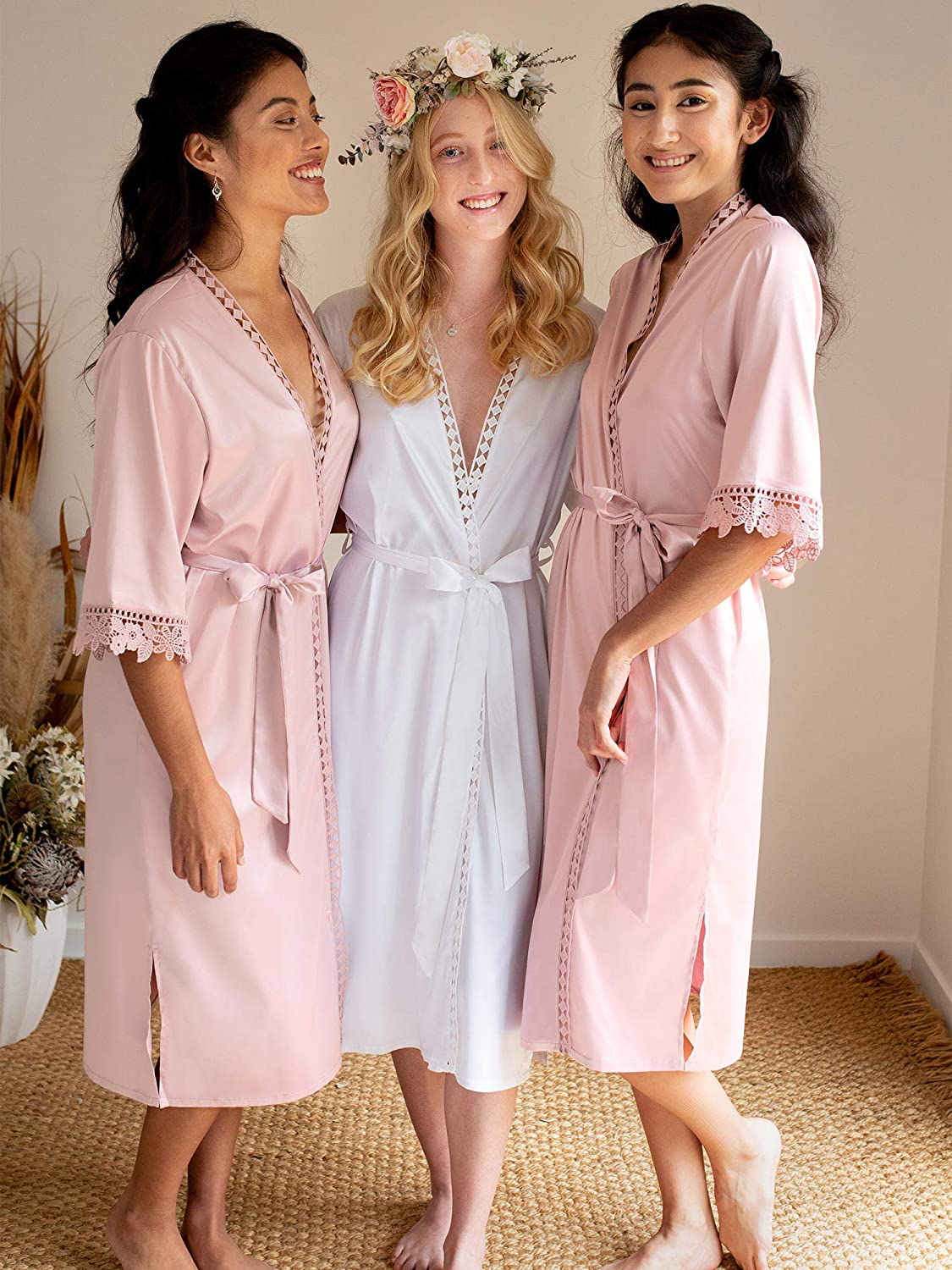 AW BRIDAL Women'S Satin Robe Lace Trim Kimono Robes Long Silk Bathrobe Bridesmaid Robes Wedding Party Loungewear Sleepwear Apparel & Accessories > Clothing > Sleepwear & Loungewear > Robes AW BRIDAL   