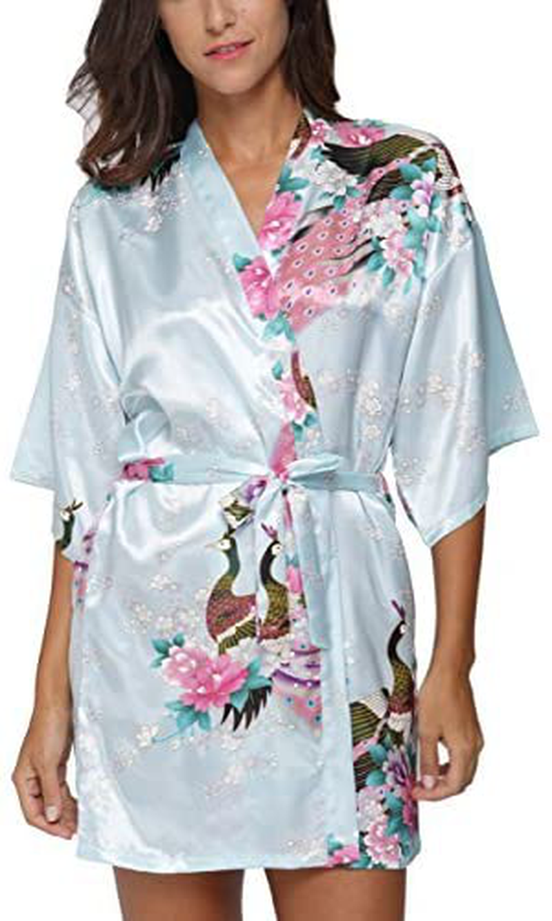 Original Kimono Women'S Short Satin Kimono Robe Floral Peacock Patterned Bathrobe Silky Bridal Nightwear Apparel & Accessories > Clothing > Sleepwear & Loungewear > Robes Original Kimono Light Blue X-Large 