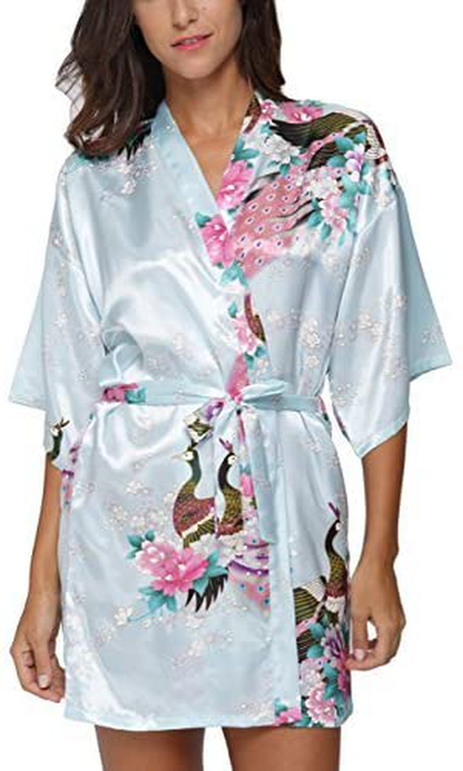 Original Kimono Women'S Short Satin Kimono Robe Floral Peacock Patterned Bathrobe Silky Bridal Nightwear Apparel & Accessories > Clothing > Sleepwear & Loungewear > Robes Original Kimono Light Blue X-Large 