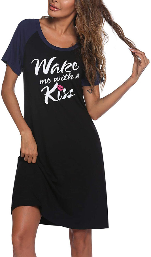 Ekouaer Womens Nightgowns Short Sleeve Nightshirts Printed Sleepwear Soft Sleep Shirts S-3XL Apparel & Accessories > Clothing > Sleepwear & Loungewear > Nightgowns Kylie Max   