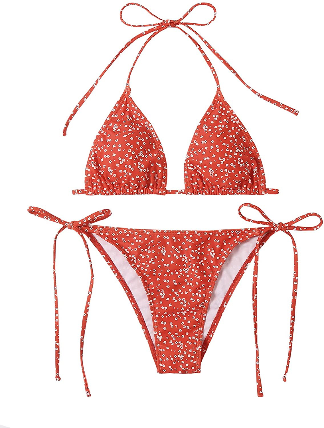 SOLY HUX Women's Halter Triangle Tie Side Bikini 2 Piece Swimsuits Apparel & Accessories > Clothing > Swimwear SOLY HUX Red Ditsy Floral Large 