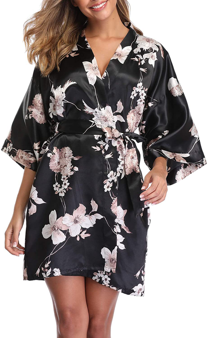 VOGMATE Women'S Floral Satin Short Robe for Bridesmaid Bride Silk Kimono Robe Dressing Gown for Wedding Party Apparel & Accessories > Clothing > Sleepwear & Loungewear > Robes VOGMATE Floral-#76 Black X-Large 