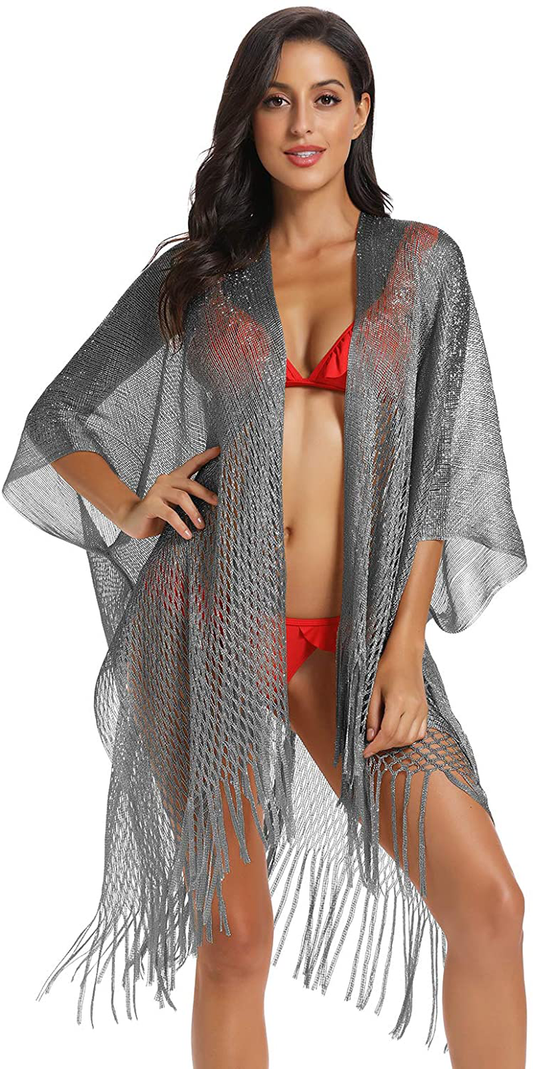 Metallic Sparkly Kimono Cardigan Swimsuit Beach Bikini Cover Ups Open Front Casual Blouse Tops Apparel & Accessories > Clothing > Swimwear Kylie Max   