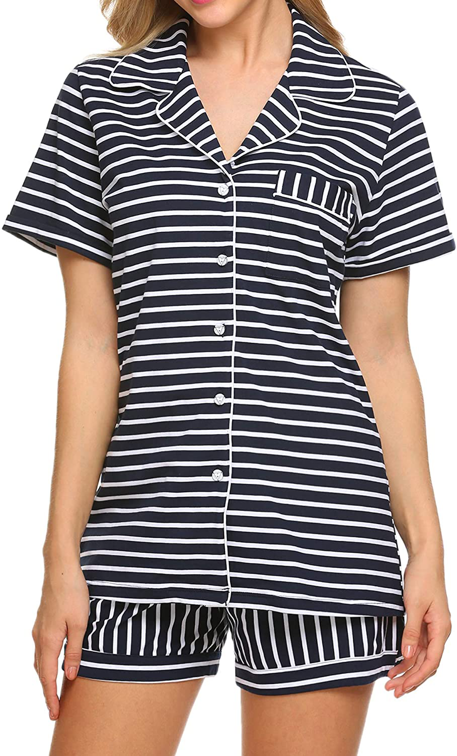 Ekouaer Pajamas Set Short Sleeve Sleepwear Womens Button Down Nightwear Soft Pj Lounge Sets XS-XXL Apparel & Accessories > Clothing > Sleepwear & Loungewear > Pajamas Ekouaer Pat-blue and White Stripe X-Large 