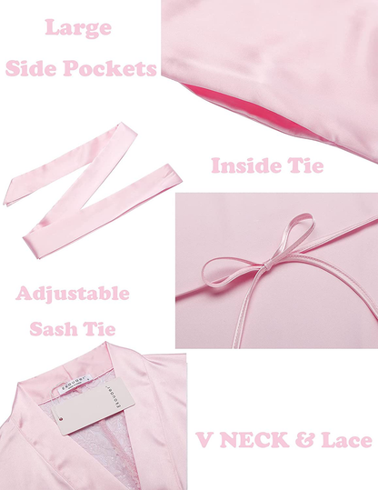 Ekouaer Women Satin Kimono Robes Sexy Silky Bathrobe Lace V-Neck Bridesmaid Bride Party Robe Soft Sleepwear with Pocket Apparel & Accessories > Clothing > Sleepwear & Loungewear > Robes Ekouaer   