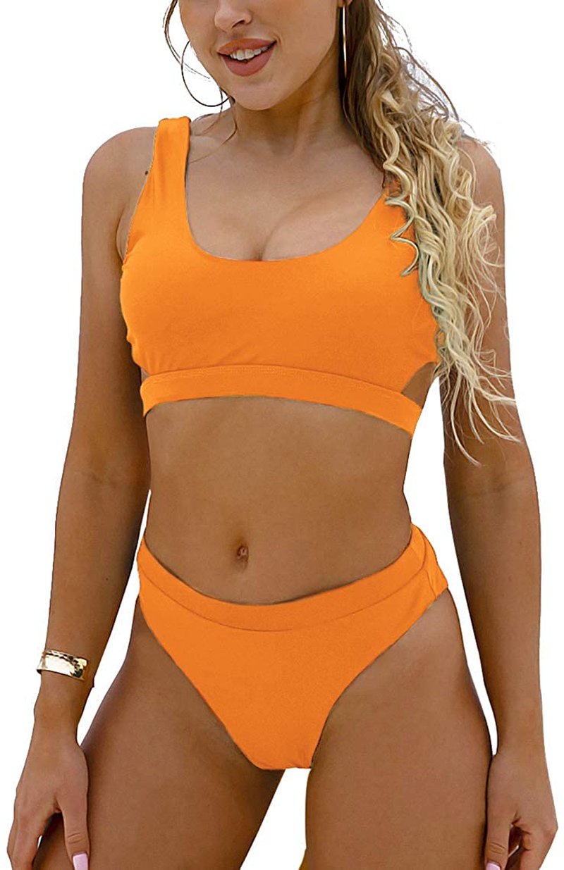 Blooming Jelly Women's High Waisted Swimsuit Crop Top Cut Out Two Piece Cheeky High Rise Bathing Suit Bikini Apparel & Accessories > Clothing > Swimwear Blooming Jelly Fluorescent Orange Small 