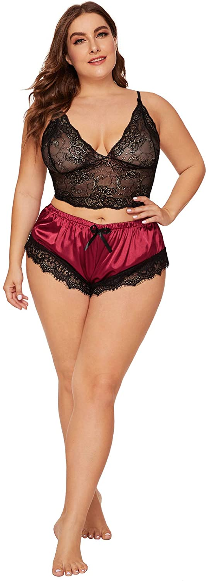 SOLY HUX Women'S plus Size Spaghetti Strap Lace Trim Bralette and Shorts Sleepwear Pajama Lingerie Set Apparel & Accessories > Clothing > Underwear & Socks > Lingerie KYLIE MAX   