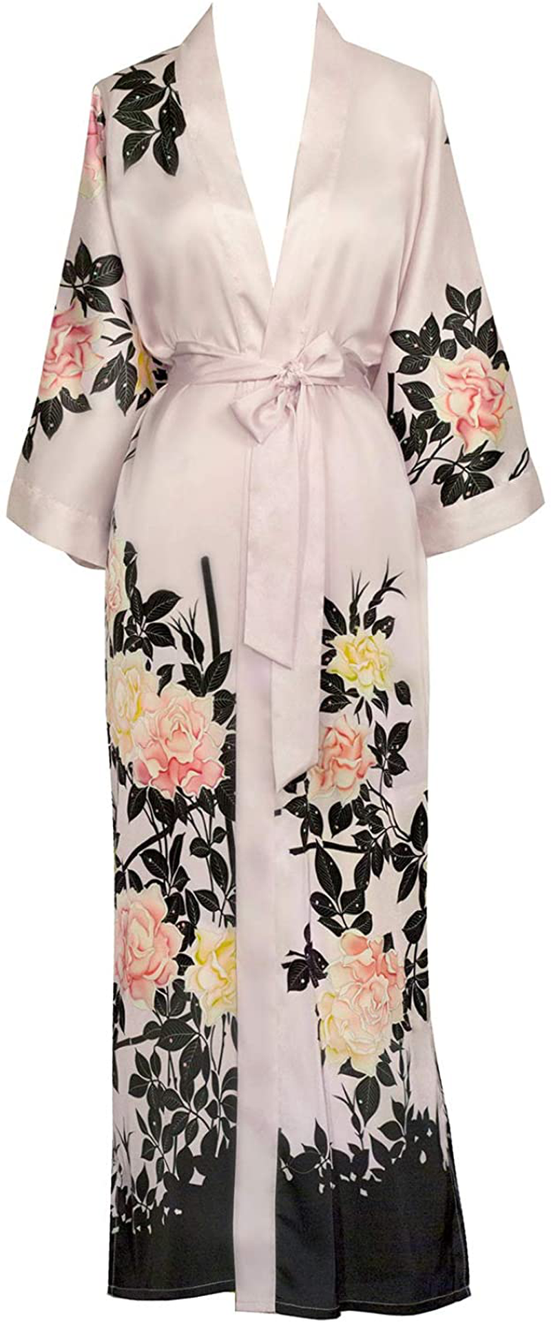 KIM+ONO Women'S Charmeuse Kimono Robe Long - Watercolor Floral Apparel & Accessories > Clothing > Sleepwear & Loungewear > Robes KIM+ONO Blush Rose - Sepia Rose  