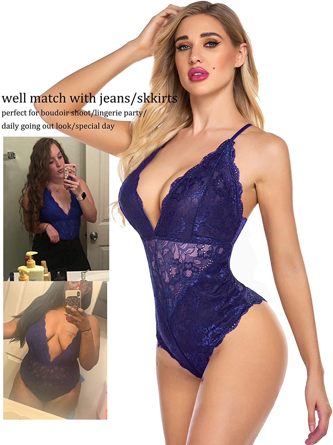 Avidlove Women Snap Crotch Lingerie Sexy Lace Bodysuit Deep V Teddy One Piece Lace Babydoll Apparel & Accessories > Clothing > Underwear & Socks > Lingerie Kylie Max   