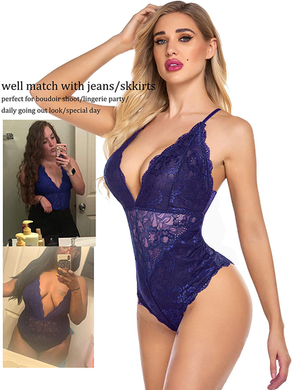 Avidlove Women Snap Crotch Lingerie Sexy Lace Bodysuit Deep V Teddy One Piece Lace Babydoll Apparel & Accessories > Clothing > Underwear & Socks > Lingerie Kylie Max   