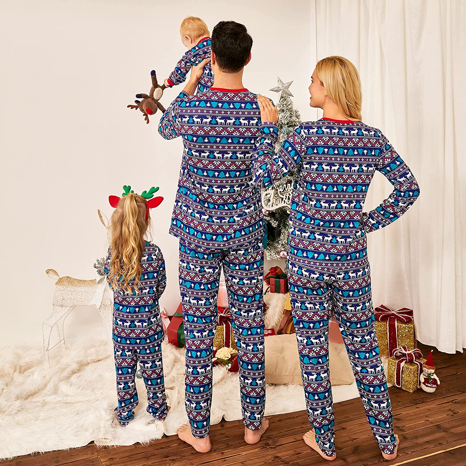 Family Christmas Pjs Matching Sets Christmas Pajamas Red Santa'S Deer Top and Black Pants Long Sleeve Sleepwear Apparel & Accessories > Clothing > Sleepwear & Loungewear > Pajamas Kylie Max   
