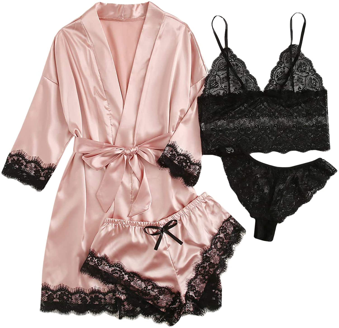 WDIRARA Women'S 4 Pieces Satin Floral Lace Cami Top Lingerie Pajama Set with Robe Apparel & Accessories > Clothing > Underwear & Socks > Lingerie WDIRARA Pink X-Large 